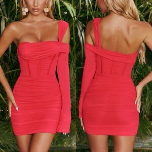 oh POLLY  One For You Coral Red One-Shoulder Corset Mini Dress Sz 8